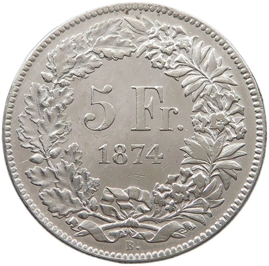 :1874-B 5 FRANCS SWITZERLAND TRADE DOLLAR SEATED HELVETIA PCGS AU DETAILS  - Image 3 of 4