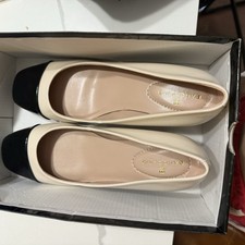 Bandolino Women's Beige/Black Cap Toe Block Heel Pumps Almond Toe US 8