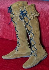 Minnetonka 1422 Fringed Suede Moccasins Knee High Boots 6 Boho Hippie Festival
