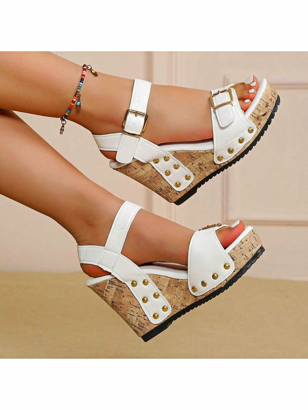 Women’s White/Beige/Gold Platform Wedge Sandals Open Toe Studded 8.5