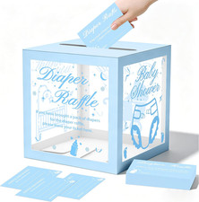 Blue Diaper Raffle Box with 50 Tickets, Clear Baby Shower Card Box with Advice
