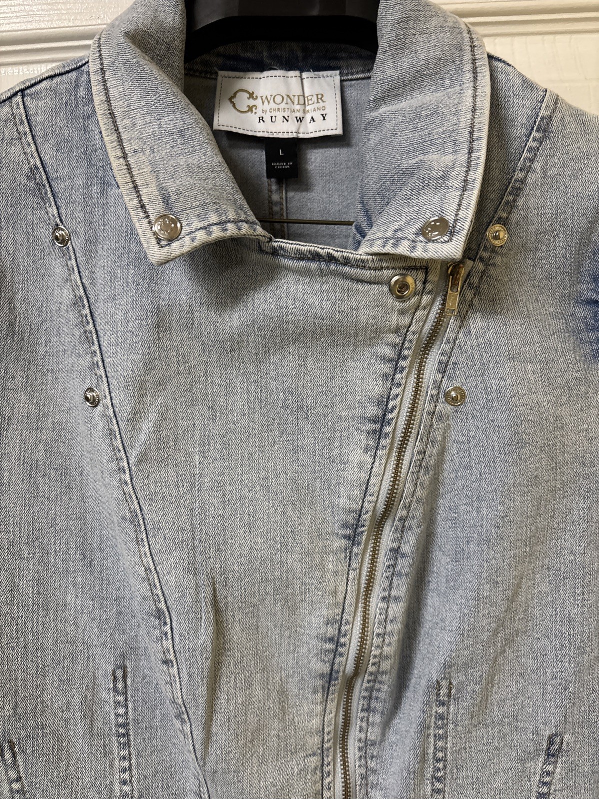 C Wonder by Christian Siriano Denim Peplum Moto Jacket Sz Large Fadeout Wash