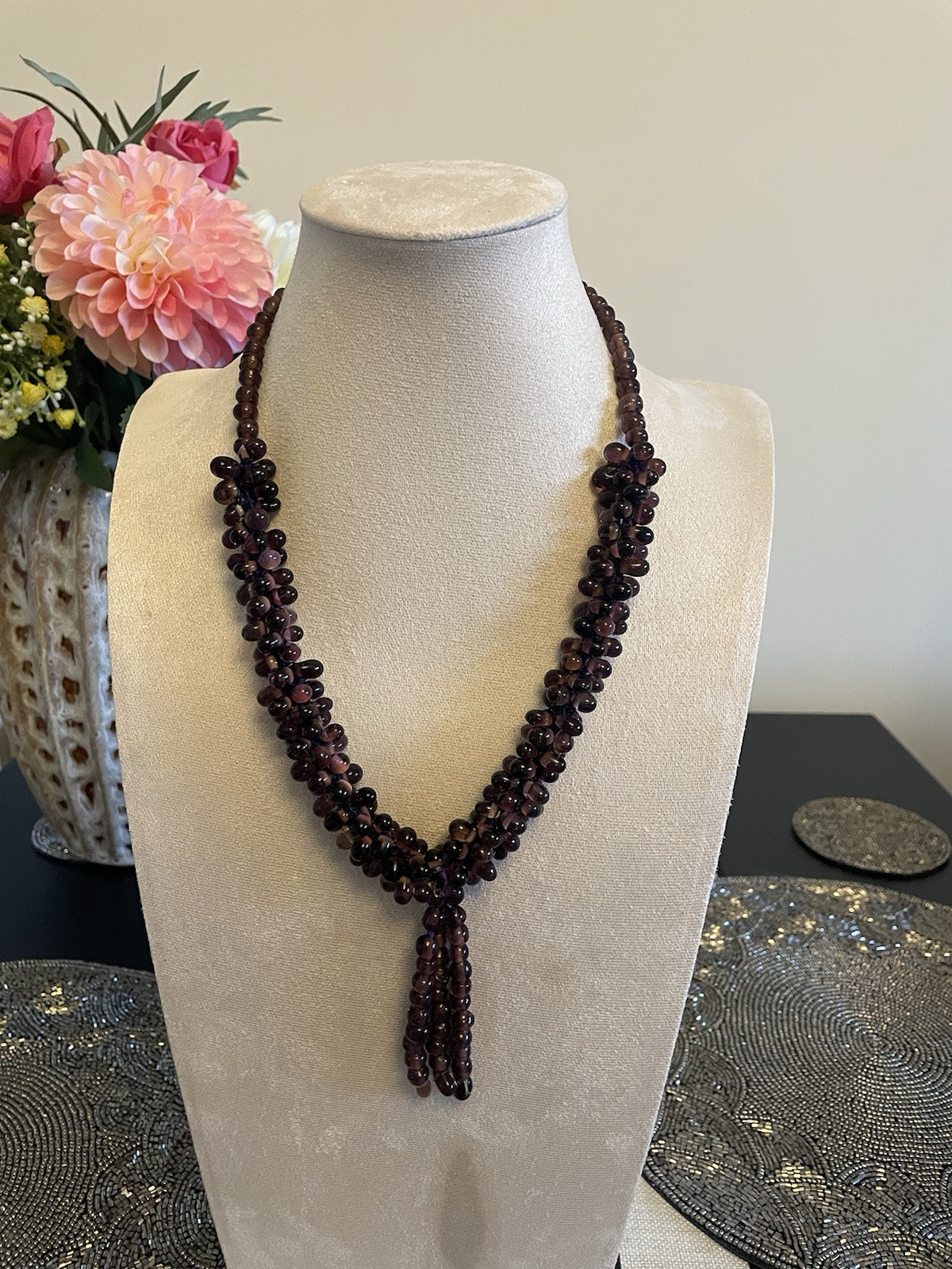 Stunning Purple Glass Bead Y Necklace - Elegant Costume Jewelry