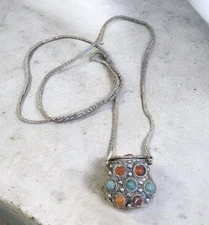 Vintage Small Brutalist Metal Coin Pill Purse Necklace Simi Precious Stones 32"