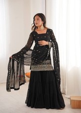 Function Wear Black Embroidered Top Palazzo With Dupatta Ethnic Dress Set
