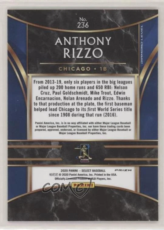 2020 Panini Select Diamond Level Holo Prizm Anthony Rizzo #236 - Image 2 of 2