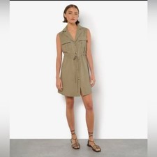 New Look Women's Khaki Sleeveless V-Neck Button Down Dress XL
