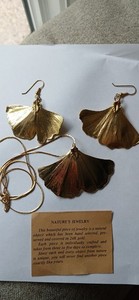 Authentic Vintage Nature's Jewelry Real Ginkgo Leaf 24K Gold Plated Necklace Earrings Set