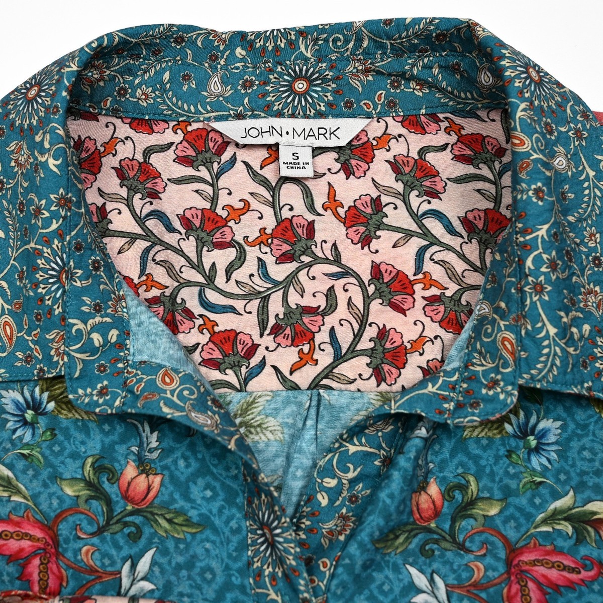 John Mark Tunic Small Mixed Floral Art Print Roll-Tab Sleeve Blouse Patchwork View 6