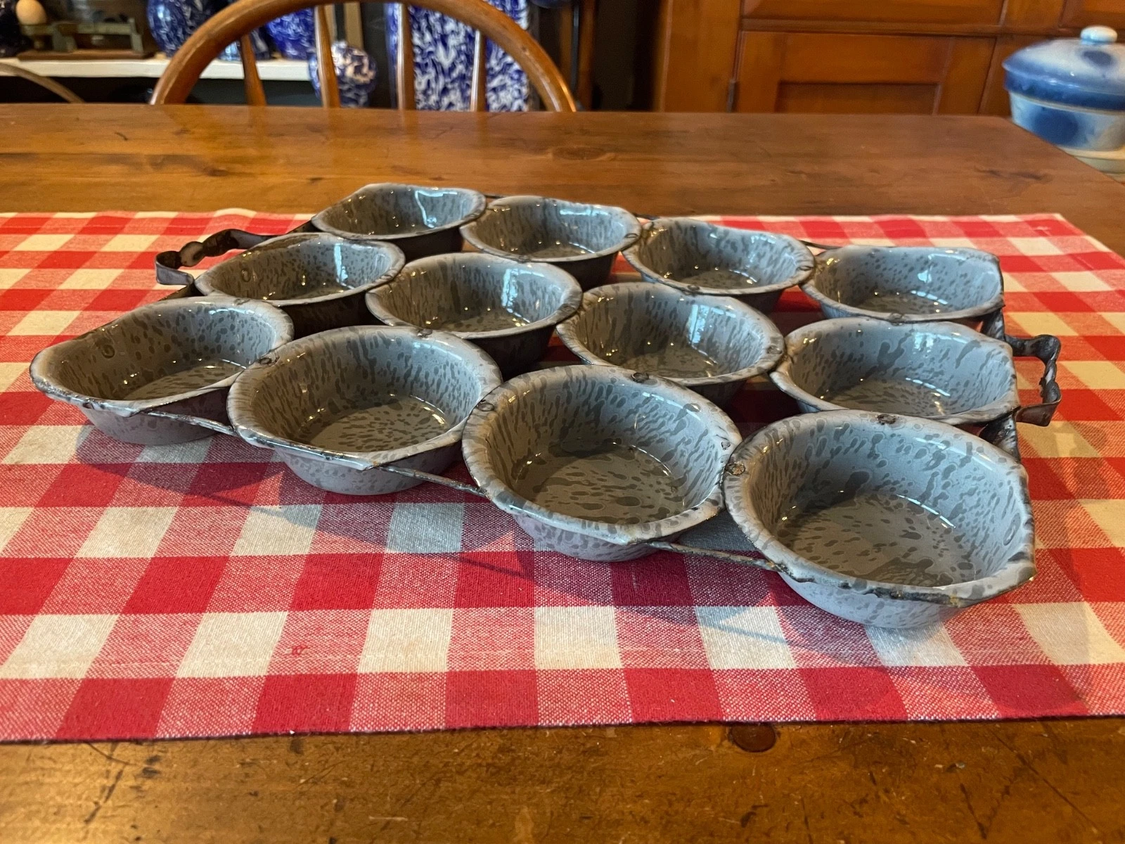 Antique Gray Graniteware 12 Cup Wired and Riveted Muffin Pan (circa 1890-1910)