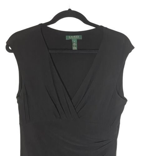 Ralph Lauren Black Jersey Knit Cap Sleeves Side Ruched Classic Midi Dress 12 - Picture 2 of 9