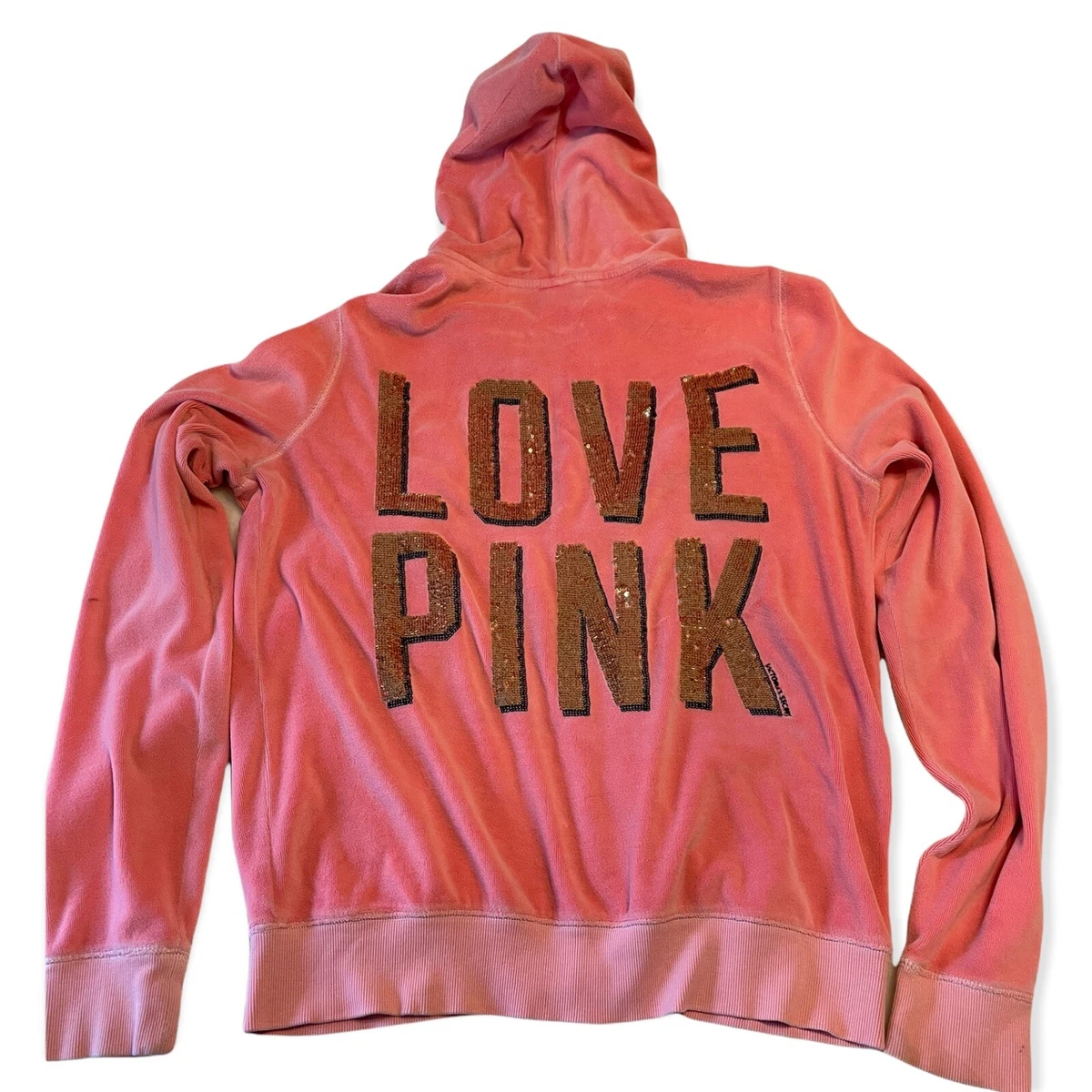 VS PINK Fur Lined Bling Hoodie Pink Velour/Gold S