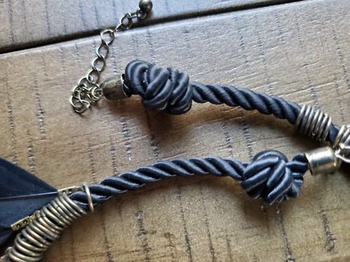 Black Feather Choker W/ Silk Cord Copper Rings. One Of A Kind. Native Style. - Picture 4 of 10