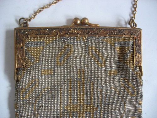 Vtg metal hand beaded ART DECO purse with metal frame Silver Gold - Picture 4 of 7