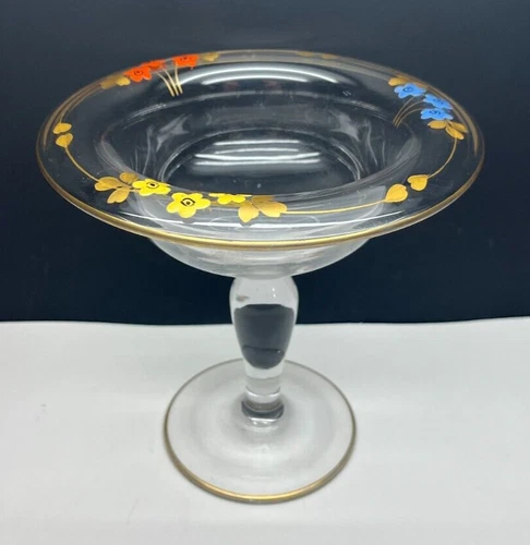 Vintage Westmoreland Clear Hand-Painted Glass Floral Pattern Gold Rimmed Compote