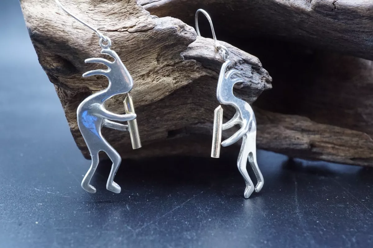 Vtg KOKOPELLI 925 Sterling Silver 10k Yellow Gold Flute Earrings