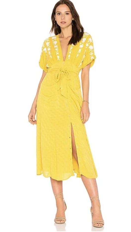 Free People Love to Love You Yellow Embroidered Boho Midi Dress XS -i Free People Love to Love You Yellow Embroidered Boho Midi Dress XS -i