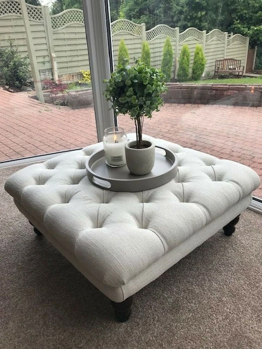 Square Chesterfield Buttoned Large Footstool Coffee Table Faux Linen Fabric
