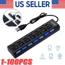 USB Hub 7 Port On/Off Switch High Speed Splitter AC Adapter Cable PC Laptop Lot
