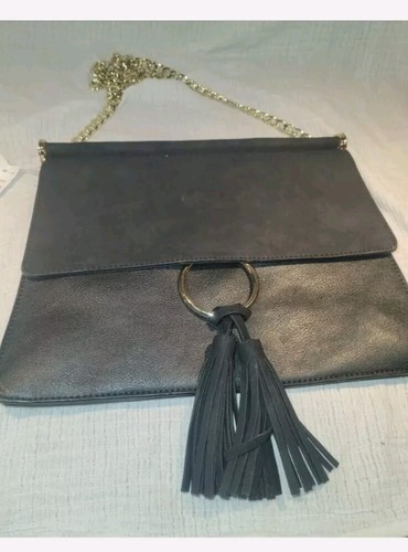 Black Faux Suede Messenger Bag Tablet iPad Kindle eReader Tassle Chain Strap NWT - Picture 9 of 10