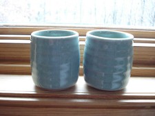 Two Vintage Japanese Earthenware Sage Green Tea Bowls Cups Signed