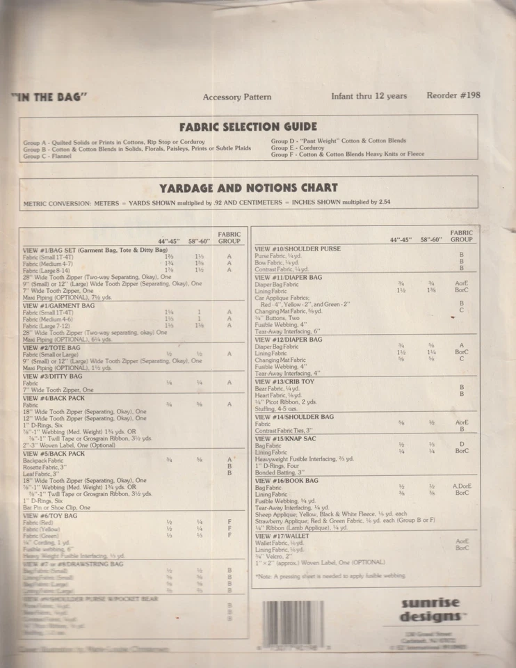 Sunrise Designs "In the Bag" Accessory Pattern Infant to 24 Months to 12 years - Image 2 of 2