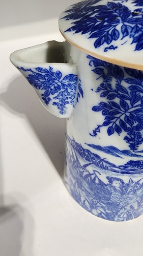 Hermosa jarra/tetera japonesa antigua de porcelana azul y blanca de agua caliente - Imagen 5 de 11