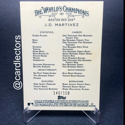2021 Topps Allen & Ginter's Chrome J.D. Martinez #167 Blue Refractor SP /150 JD - Bild 2 von 3