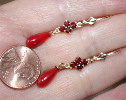 HANDMADE 14K 10MM RED CORAL & GARNET SEED LEVER BACK ELONGATED EARRINGS SS - Picture 7 of 12