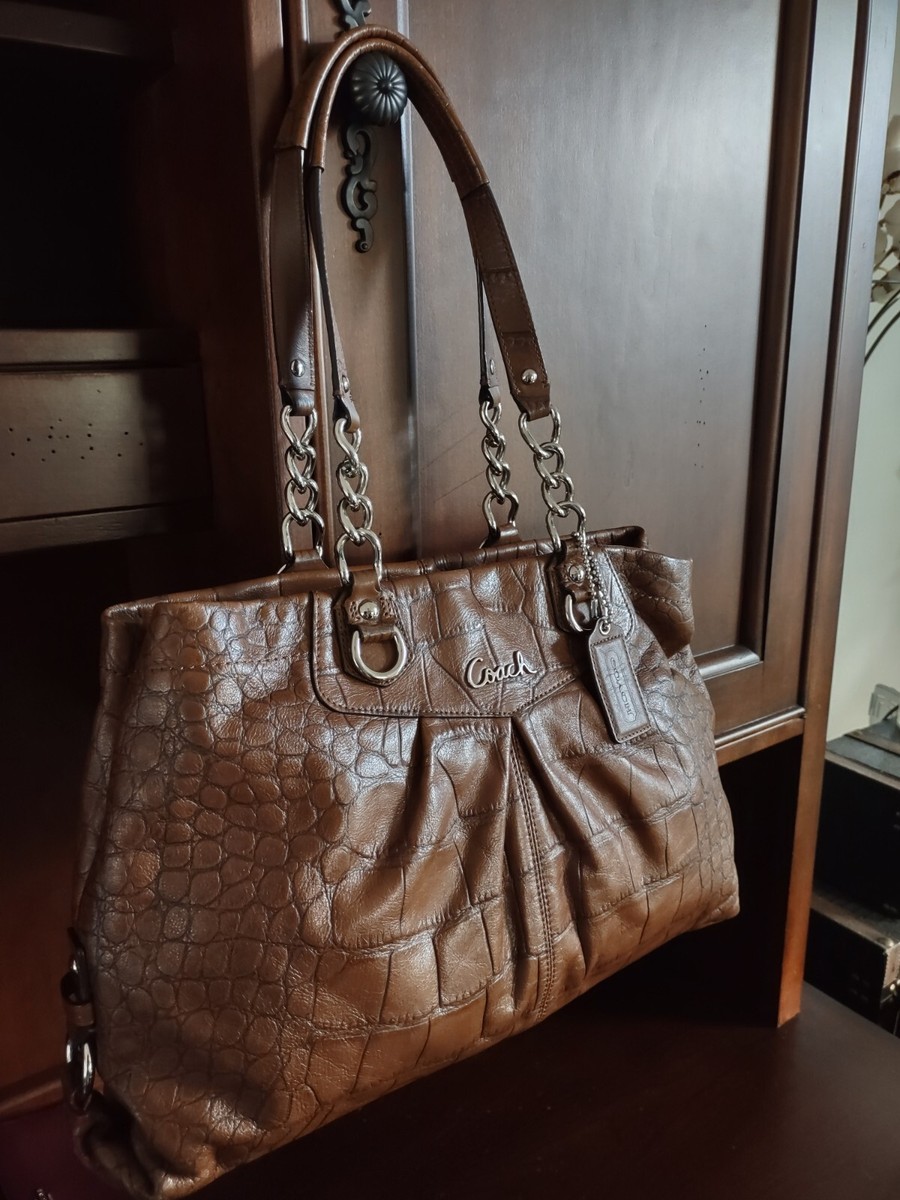 Coach Ashley Croco Embossed Tan Brown Leather Carry All Satchel
