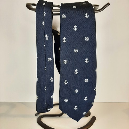Neck Tie Nautical Anchor Wheel 55" Navy Blue White Halliford Ties Ltd England - Picture 6 of 10