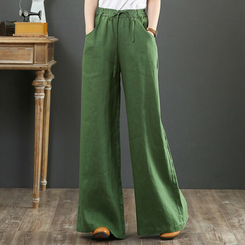 Damen Baumwolle Leinen Baggy Lange Hose Elastisch Hohe Taille Weites Bein Hose Freizeit - Bild 2 von 16
