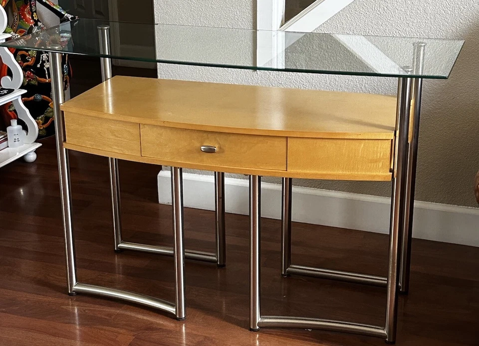 80’s Retro Glass Top Console/Entryway Table Light Oak Brushed Nickel Metal Legs - Image 2 of 4