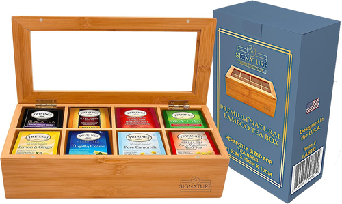 Natural Bamboo Tea Box Storage Organizer- 8 Compartments Tea Bag Holder with Cle - Picture 3 of 12