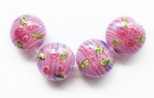 4 Handmade Lampwork Glass Lentil Beads Pink Roses 15 mm 4 beads  p6s 