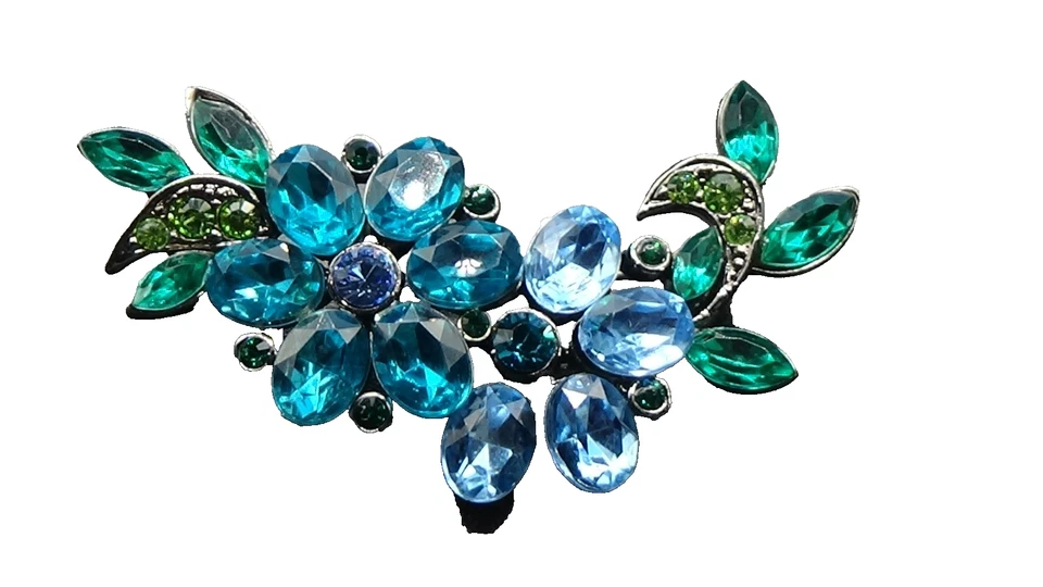 Monet Teal, Blue Navette & Round Rhinestone Gunmetal Pin / Brooch - Image 2 of 4