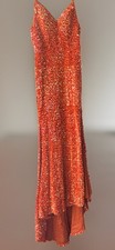 NWOT Orange PromDress Sz 0-2 Long Sequin Fitted OpenBack Tie Lace-Up Side Slit.