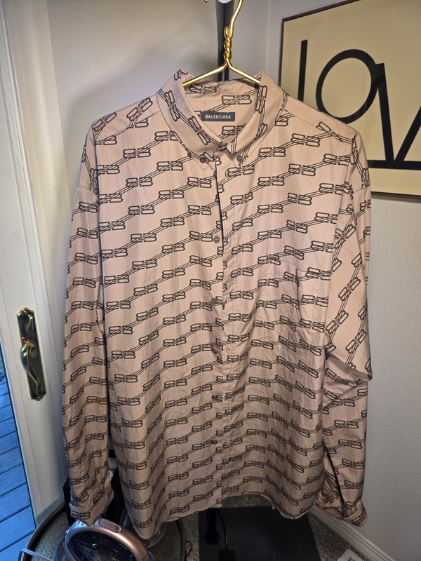 NWT, Balenciaga Men's Monogram Long Sleeve Button Down Shirt, Size Large