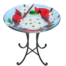 MUMTOP Outdoor Glass Birdbath with Metal Stand for Outside Yard Garden Decor,...