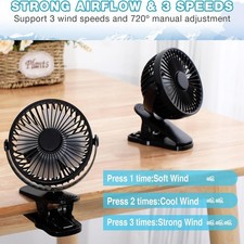 3 Speeds USB Rechargeable Mini Cooling Fan Clip On Desk Baby Stroller Portable