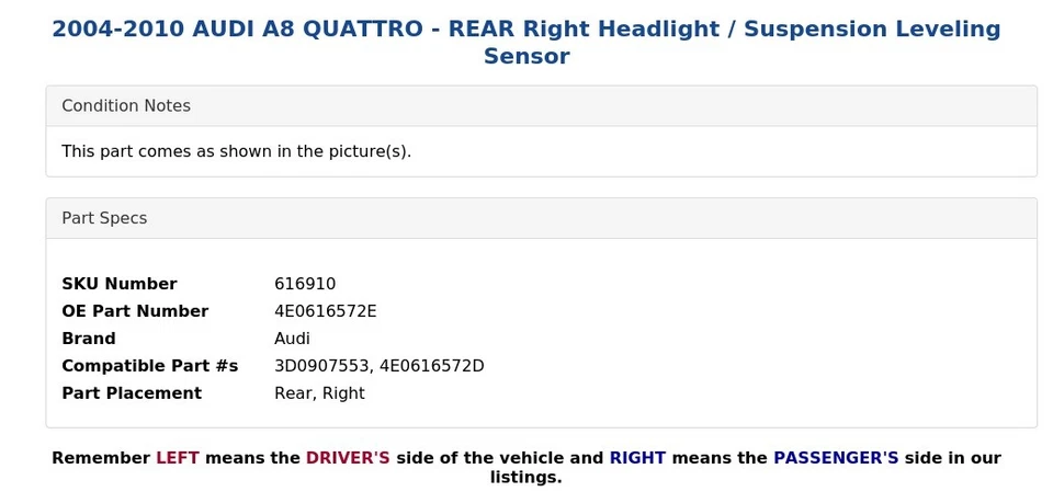 2004-2010 AUDI A8 QUATTRO - REAR Right Headlight / Suspension Leveling Sensor - Image 4 of 4