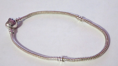 PANDORA 925 Silver Snake Chain Charm Bracelet With Heart Clasp 8.5'' long