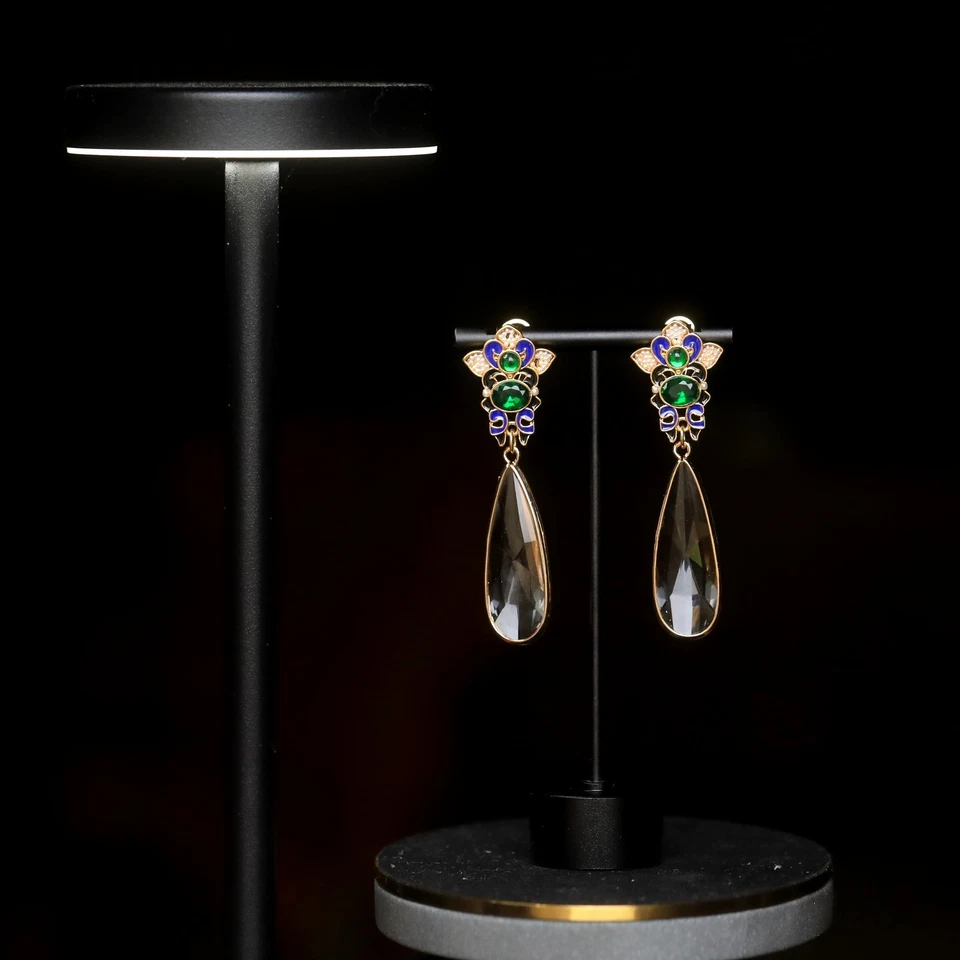 Ohrringe Clip On Kerzenständer Emaille Grün Tropf Lang Glas Golden Perle QD4 - Bild 3 von 4