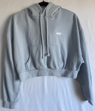 Levis Hoodie Cropped Women Size M Blue Fleece Pullover Logo Kangaroo Pocket