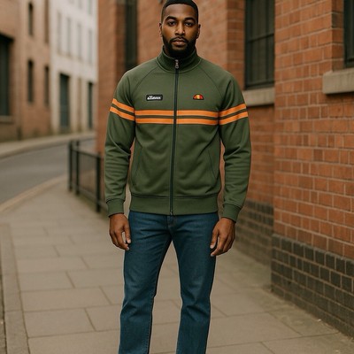 Ellesse Rimini XL Track Top Retro Stripe~Olive Army Green~Orange~Rare  Color~New