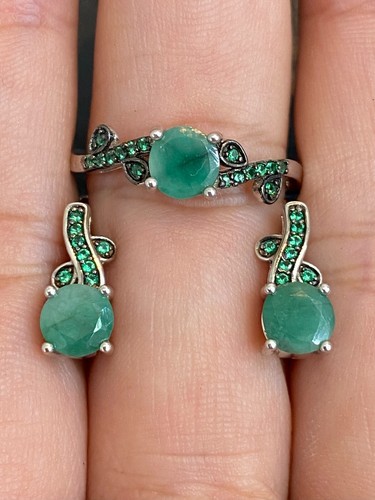 NATURAL EMERALD 5.5 EMERALD STERLING SILVER 925 RING EARRING - 第 1/13 張圖片
