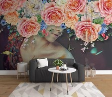 3D Pink Flower Woman G16722 Wallpaper Wall Murals Removable Self-adhesive Honey