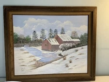 Original Oil Landscape Painting  ART Rural COUNTRY Winter Snow Barn Mill Framed