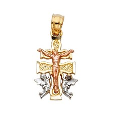 14K Tri Color Gold Jesus Crucifix Cross with Angel Religious Pendant