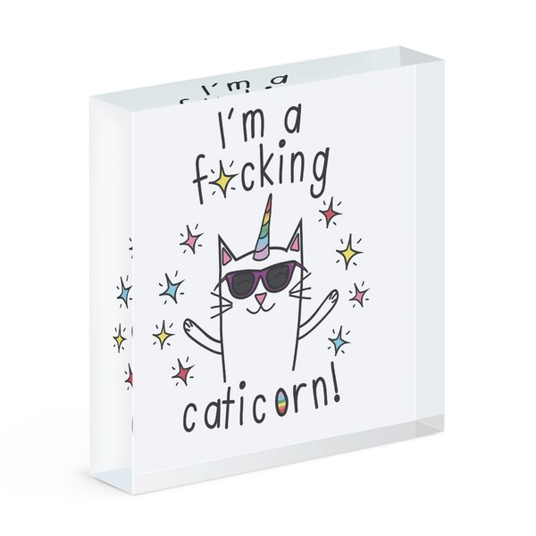 I'm A F-Ing Caticorn Acryl Foto Block Rahmen Lustig Einhorn Katze Tiere-image